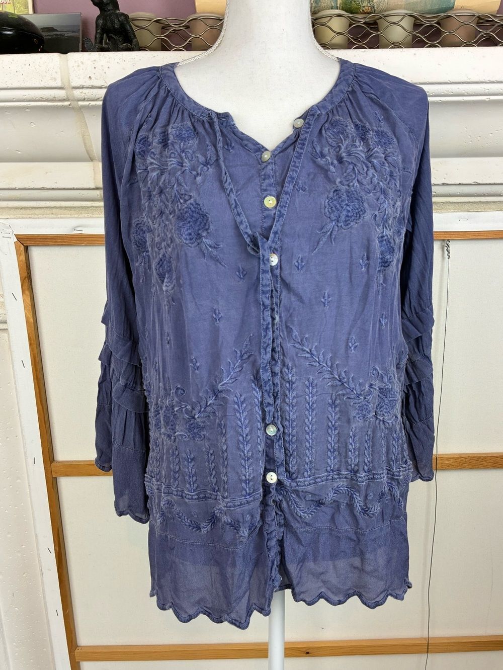 Lyla Seo Boho Embroidered Blouse w/ Lacy scalloping, tie neck, elaborate sleeve
